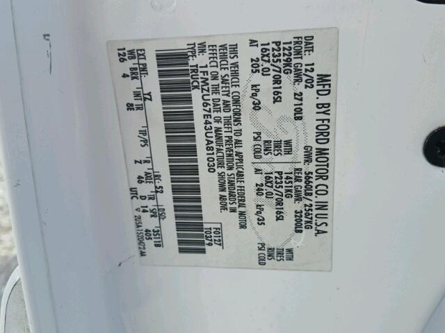 1FMZU67E43UA81030 - 2003 FORD EXPLORER S WHITE photo 10