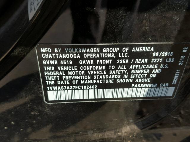 1VWAS7A37FC102402 - 2015 VOLKSWAGEN PASSAT S BLACK photo 10