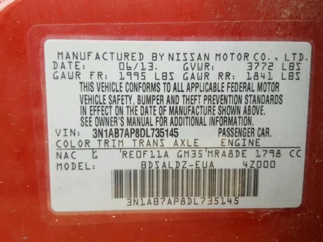 3N1AB7AP8DL735145 - 2013 NISSAN SENTRA S RED photo 10