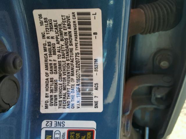 1HGFA16507L020775 - 2007 HONDA CIVIC LX BLUE photo 10