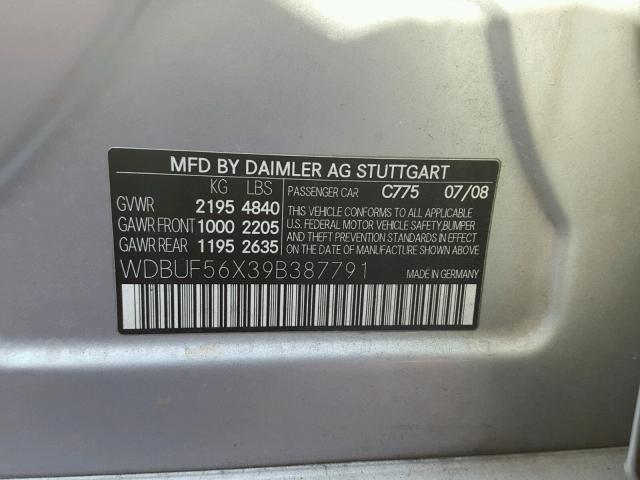 WDBUF56X39B387791 - 2009 MERCEDES-BENZ E 350 SILVER photo 10