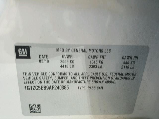 1G1ZC5EB9AF240385 - 2010 CHEVROLET MALIBU 1LT კრემისფერი ფოტო 10