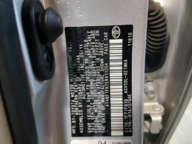 4T4BF1FK7ER411354 - 2014 TOYOTA CAMRY L SILVER photo 10