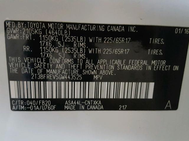 2T3BFREV5GW443525 - 2016 TOYOTA RAV4 LE Ağ foto 10