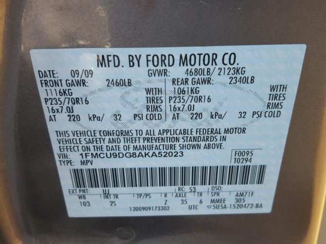 1FMCU9DG8AKA52023 - 2010 FORD ESCAPE XLT GRAY photo 10