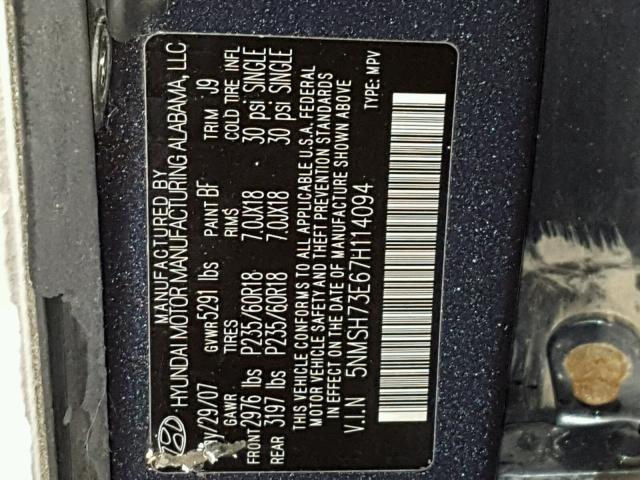 5NMSH73E67H114094 - 2007 HYUNDAI SANTA FE S 蓝色 照片 10