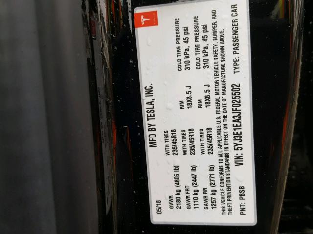 5YJ3E1EA3JF025502 - 2018 TESLA MODEL 3 შავი ფოტო 10