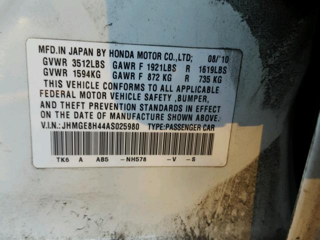 JHMGE8H44AS025980 - 2010 HONDA FIT SPORT WHITE photo 10