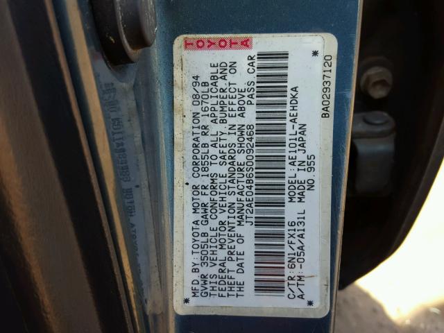 JT2AE04B6S0092468 - 1995 TOYOTA COROLLA BLUE photo 10