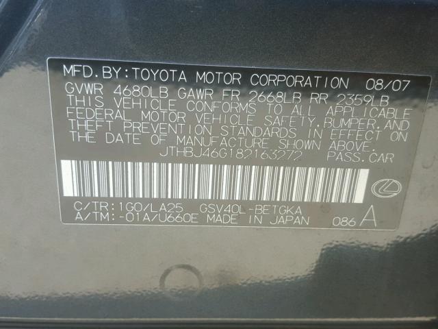 JTHBJ46G182163272 - 2008 LEXUS ES 350 BLACK photo 10