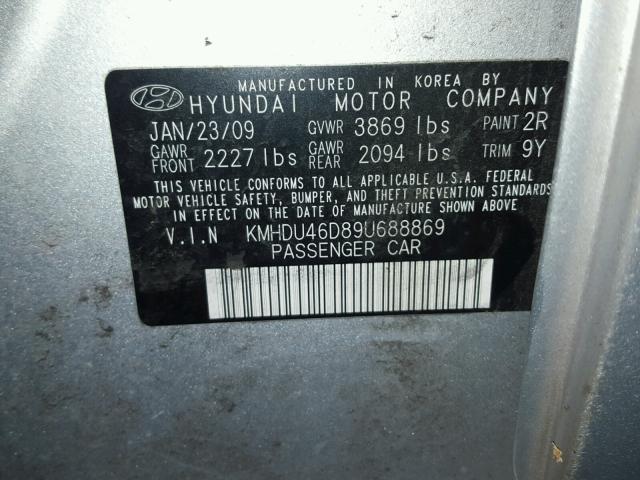 KMHDU46D89U688869 - 2009 HYUNDAI ELANTRA GL SILVER photo 10