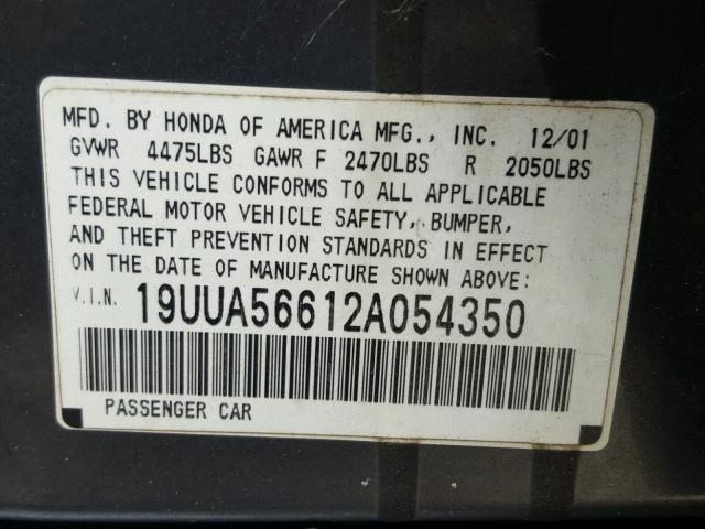 19UUA56612A054350 - 2002 ACURA 3.2TL GRAY photo 10