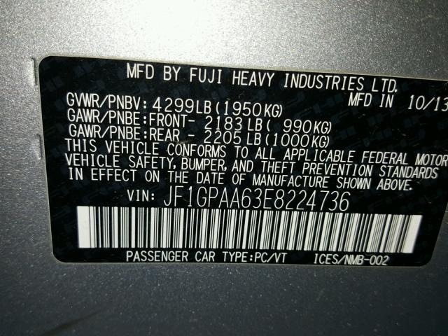 JF1GPAA63E8224736 - 2014 SUBARU IMPREZA BA SILVER photo 10