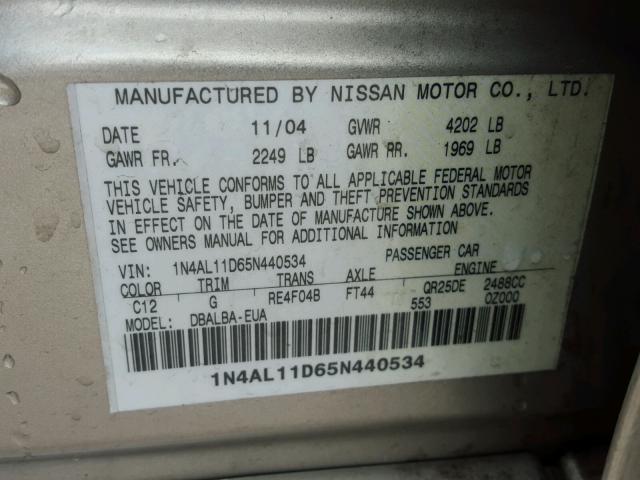 1N4AL11D65N440534 - 2005 NISSAN ALTIMA S GRAY photo 10