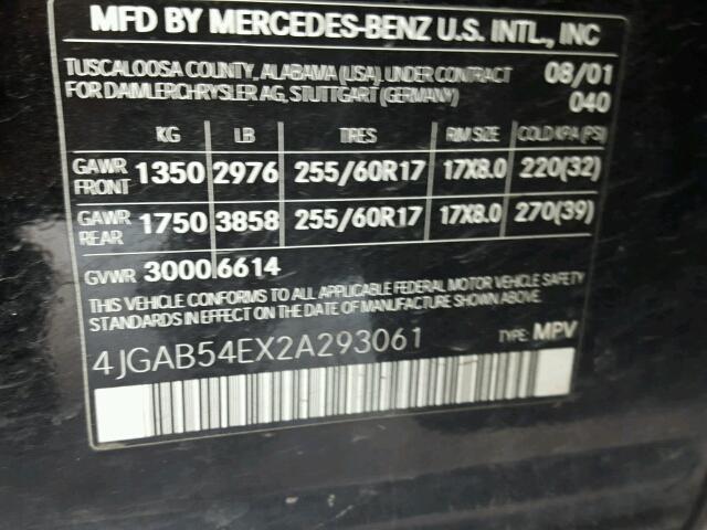 4JGAB54EX2A293061 - 2002 MERCEDES-BENZ ML 320 BLACK photo 10