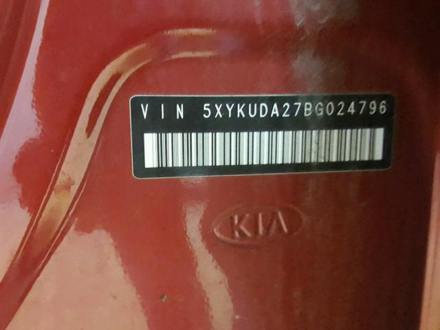 5XYKUDA27BG024796 - 2011 KIA SORENTO EX RED photo 10