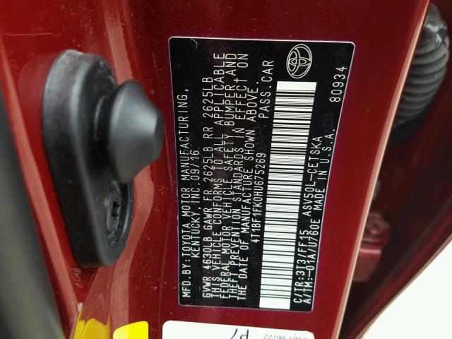 4T1BF1FK0HU675269 - 2017 TOYOTA CAMRY LE ბურგუნდია ფოტო 10