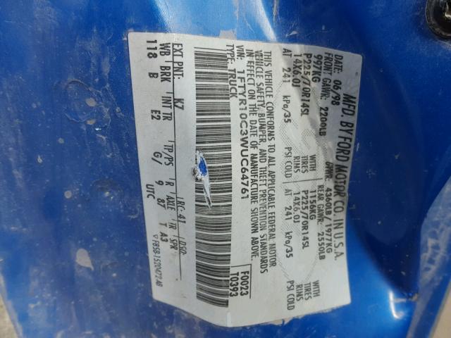 1FTYR10C3WUC64761 - 1998 FORD RANGER BLUE photo 10