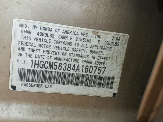 1HGCM56384A160757 - 2004 HONDA ACCORD GOLD photo 10