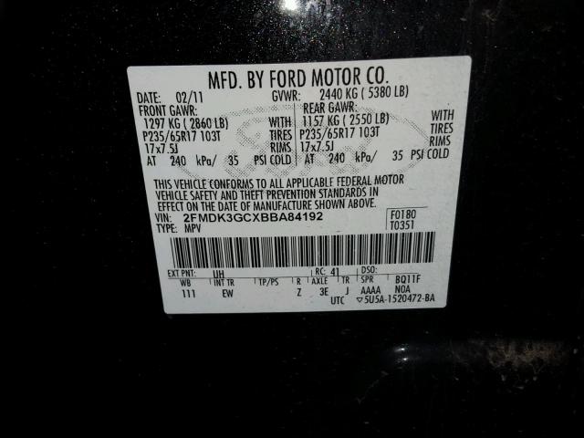 2FMDK3GCXBBA84192 - 2011 FORD EDGE SE BLACK photo 10