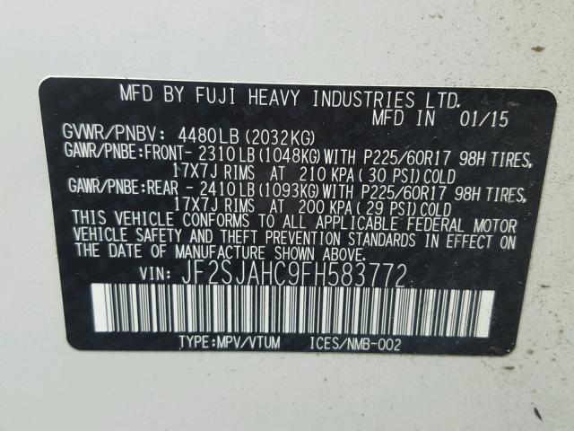 JF2SJAHC9FH583772 - 2015 SUBARU FORESTER 2 WHITE photo 10