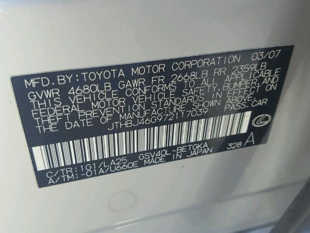 JTHBJ46G972117039 - 2007 LEXUS ES 350 SILVER photo 10