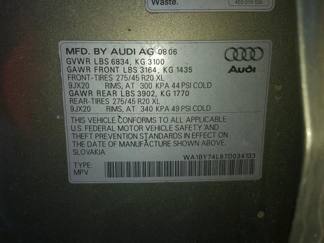 WA1BY74L67D034133 - 2007 AUDI Q7 3.6 QUA GREEN photo 10