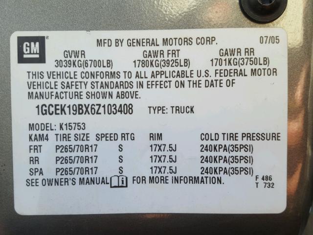 1GCEK19BX6Z103408 - 2006 CHEVROLET SILVERADO GRAY photo 10