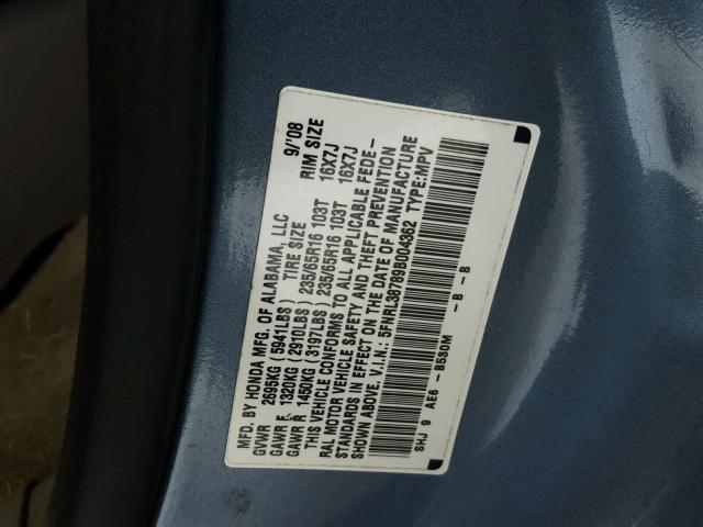 5FNRL38789B004362 - 2009 HONDA ODYSSEY EX BLUE photo 10