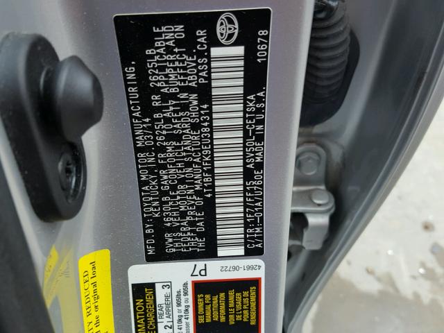 4T1BF1FK9EU384314 - 2014 TOYOTA CAMRY L SILVER photo 10