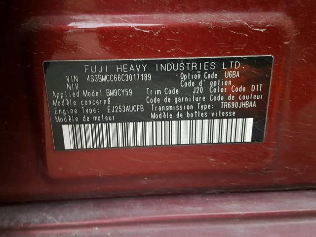 4S3BMCC66C3017189 - 2012 SUBARU LEGACY RED photo 10