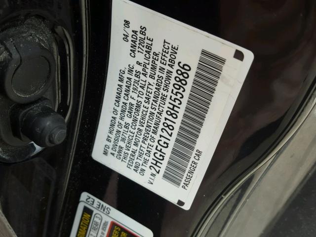 2HGFG12818H559886 - 2008 HONDA CIVIC EX BLACK photo 10