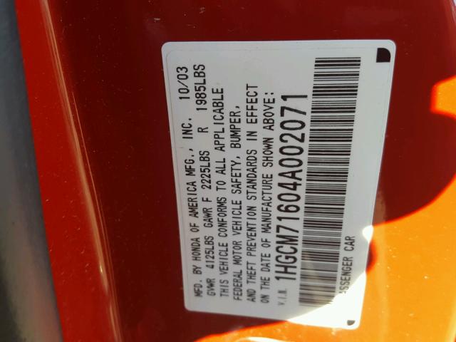 1HGCM71604A002071 - 2004 HONDA ACCORD EX RED photo 10