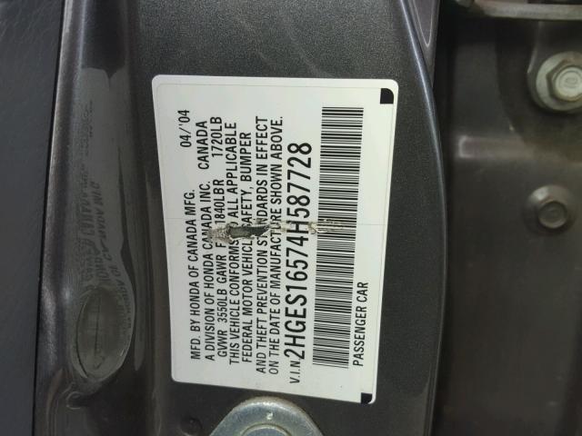 2HGES16574H587728 - 2004 HONDA CIVIC LX CHARCOAL photo 10