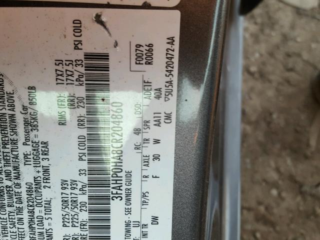 3FAHP0HA8CR204860 - 2012 FORD FUSION SE GRAY photo 10