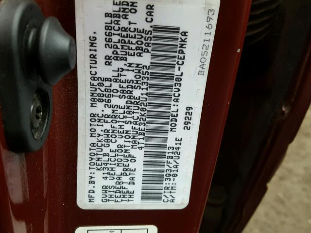 4T1BE32K02U113352 - 2002 TOYOTA CAMRY LE 红色 照片 10