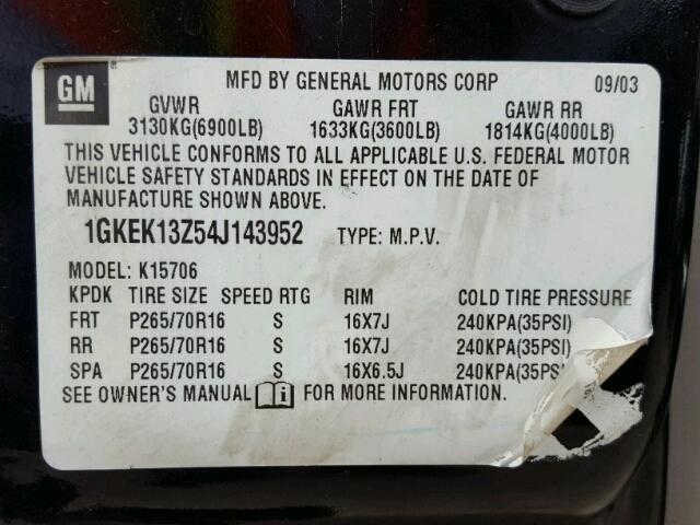 1GKEK13Z54J143952 - 2004 GMC YUKON BLACK photo 10