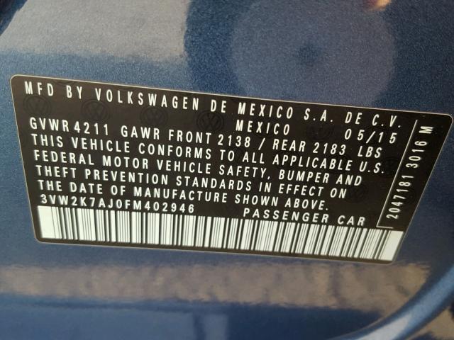 3VW2K7AJ0FM402946 - 2015 VOLKSWAGEN JETTA BASE BLUE photo 10