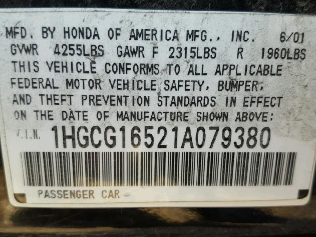 1HGCG16521A079380 - 2001 HONDA ACCORD EX BLACK photo 10