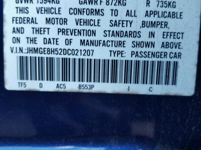 JHMGE8H52DC021207 - 2013 HONDA FIT SPORT BLUE photo 10