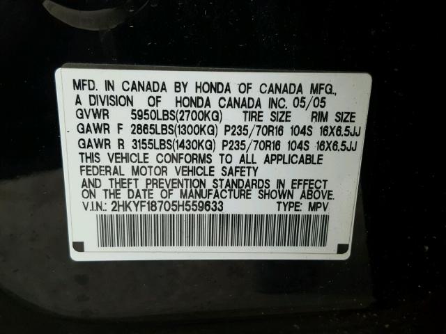 2HKYF18705H559633 - 2005 HONDA PILOT EXL BLACK photo 10