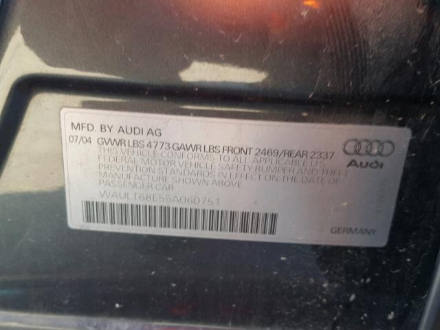 WAULT68E55A060751 - 2005 AUDI A4 3.0 QUA BLACK photo 10