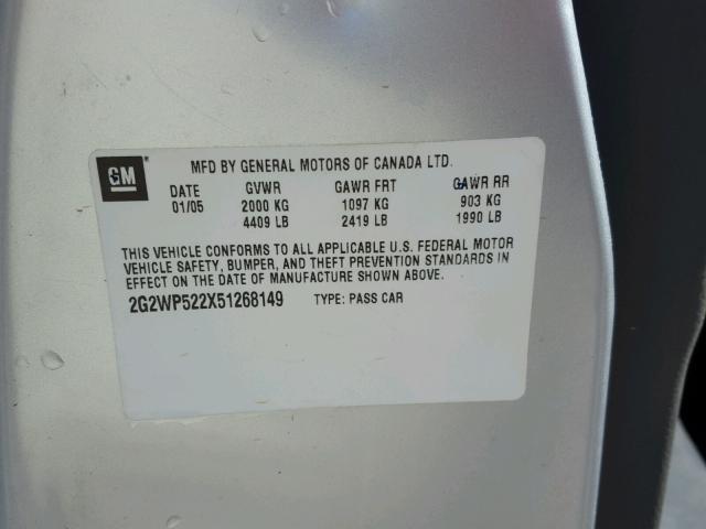 2G2WP522X51268149 - 2005 PONTIAC GRAND PRIX Сріблястий фото 10