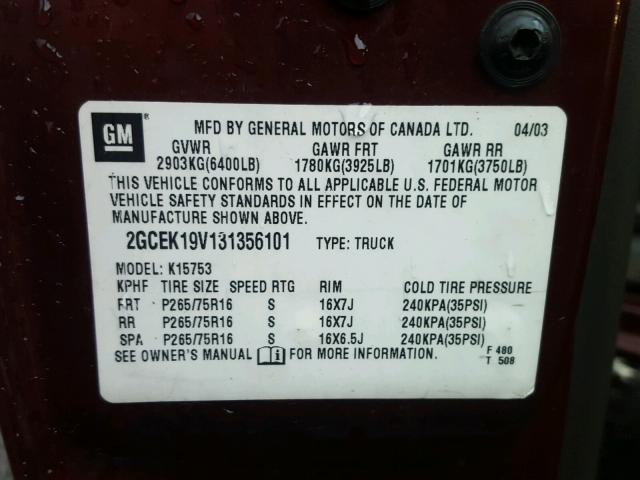 2GCEK19V131356101 - 2003 CHEVROLET SILVERADO MAROON photo 10