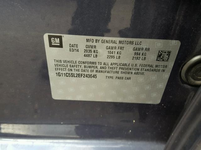 1G11C5SL2EF243645 - 2014 CHEVROLET MALIBU 1LT BLUE photo 10