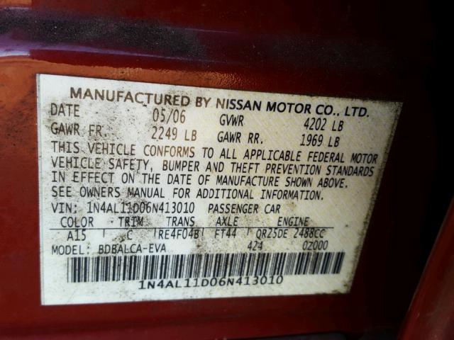 1N4AL11D06N413010 - 2006 NISSAN ALTIMA RED photo 10