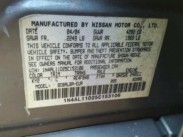 1N4AL11D25C153106 - 2005 NISSAN ALTIMA S GOLD photo 10