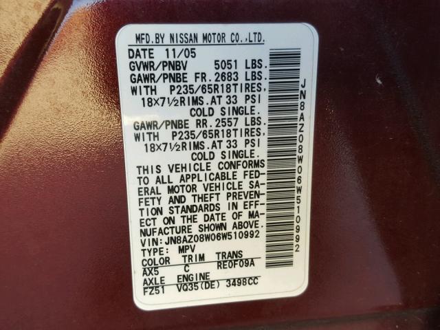 JN8AZ08W06W510992 - 2006 NISSAN MURANO MAROON photo 10