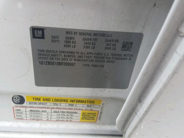 1G1ZB5E10BF299997 - 2011 CHEVROLET MALIBU LS 白色 照片 10