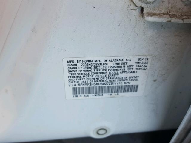 5FNYF3H5XDB027281 - 2013 HONDA PILOT EXL WHITE photo 10